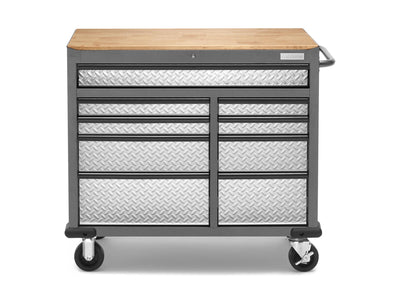 Gladiator Silver Tread Premier 41 inch 9-drawer Mobile Tool Workbench with Solid Wood Top - GAMT41HWJG