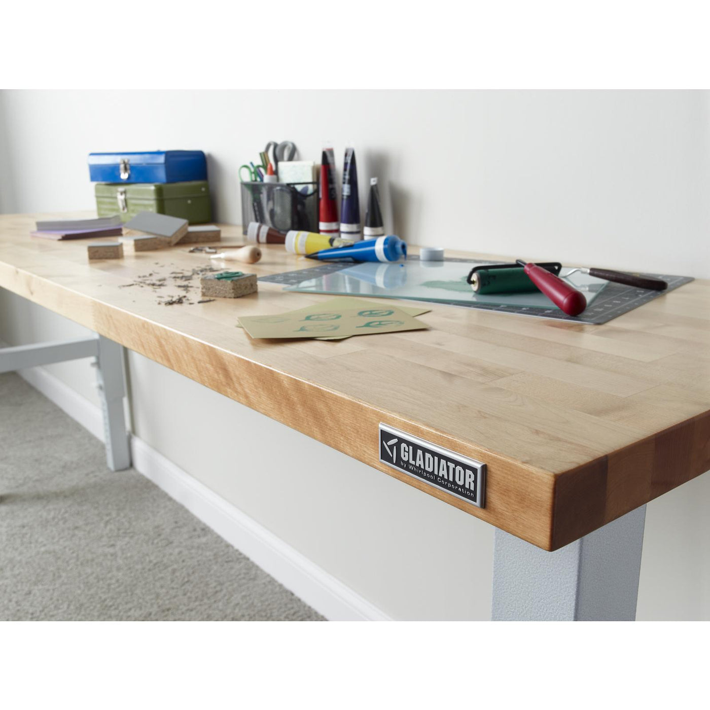 Gladiator Hammered White 8' Adjustable Height Hardwood Workbench - GAWB08HWGW
