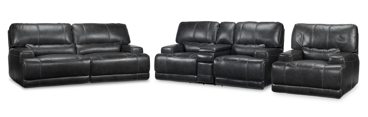 Dearborn Leather Power Reclining Sofa, Loveseat with Console and Recliner Set - Charcoal