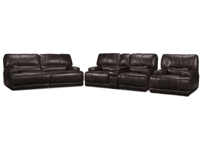 Dearborn Leather Power Reclining Sofa, Reclining Loveseat w/ Console and Recliner Set - Blackberry