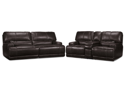 Dearborn Leather Power Reclining Sofa and Reclining Loveseat w/ Console Set - Blackberry