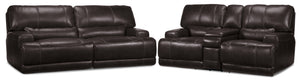 Dearborn Leather Power Reclining Sofa and Reclining Loveseat w/ Console Set - Blackberry