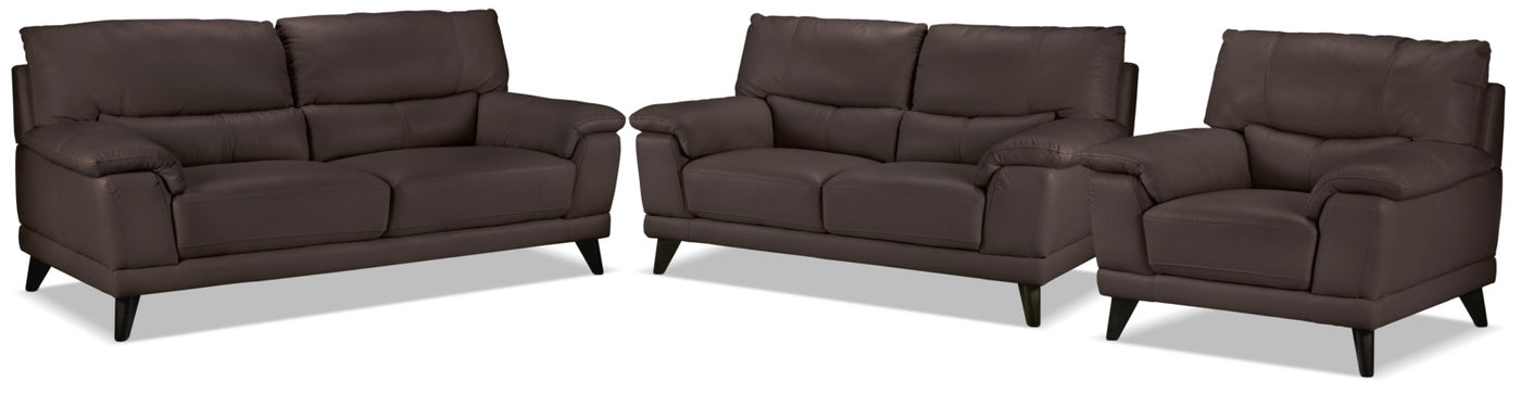 Braylon Leather Sofa, Loveseat and Chair Set - Dark Chocolate