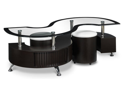 Serpentine 51.5" Coffee Table with Two Ottomans - Espresso